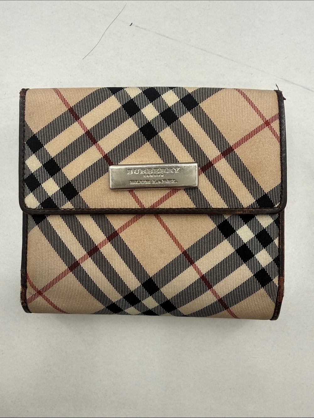 Burberry Classic Beige Plaid Compact Wallet with Metal Plaque